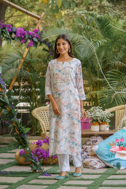 Floral Yoke Design Thread Work Straight Kurti - Buy Best Ethnic Wear for Women & Girls | Daily Woman - 