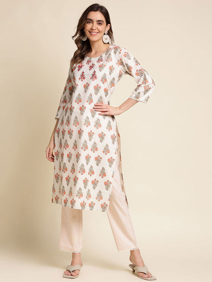 Floral printed Thread Work Pure Cotton Straight Kurta With Trouser - Buy Best Ethnic Wear for Women & Girls | Daily Woman - 