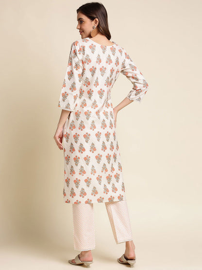 Floral printed Thread Work Pure Cotton Straight Kurta With Trouser - Buy Best Ethnic Wear for Women & Girls | Daily Woman - 