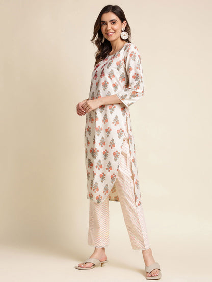 Floral printed Thread Work Pure Cotton Straight Kurta With Trouser - Buy Best Ethnic Wear for Women & Girls | Daily Woman - 