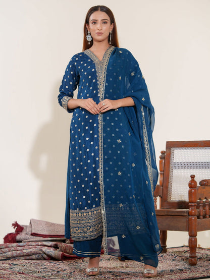 Glass Silk Blue Color Ethnic Motifs Embroidered Kurta With Trousers & Dupatta - Buy Best Ethnic Wear for Women & Girls | Daily Woman - 
