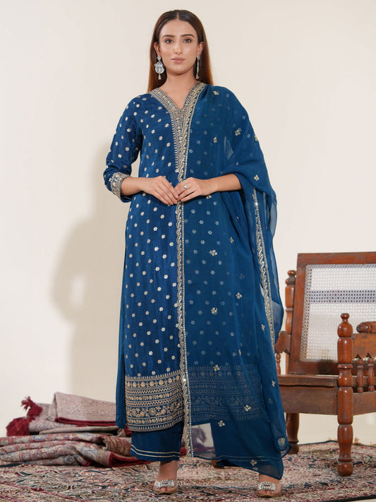 Glass Silk Blue Color Ethnic Motifs Embroidered Kurta With Trousers & Dupatta - Buy Best Ethnic Wear for Women & Girls | Daily Woman - 