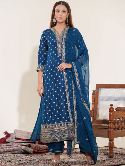 Glass Silk Blue Color Ethnic Motifs Embroidered Kurta With Trousers & Dupatta - Buy Best Ethnic Wear for Women & Girls | Daily Woman - 