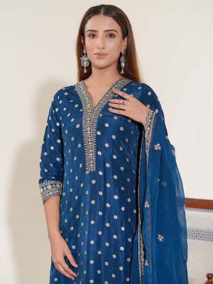 Glass Silk Blue Color Ethnic Motifs Embroidered Kurta With Trousers & Dupatta - Buy Best Ethnic Wear for Women & Girls | Daily Woman - 