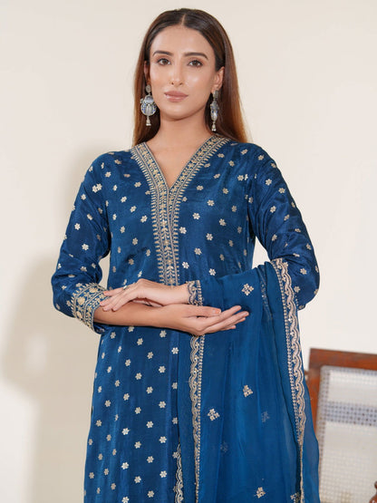 Glass Silk Blue Color Ethnic Motifs Embroidered Kurta With Trousers & Dupatta - Buy Best Ethnic Wear for Women & Girls | Daily Woman - 