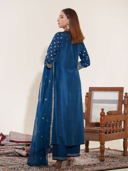 Glass Silk Blue Color Ethnic Motifs Embroidered Kurta With Trousers & Dupatta - Buy Best Ethnic Wear for Women & Girls | Daily Woman - 