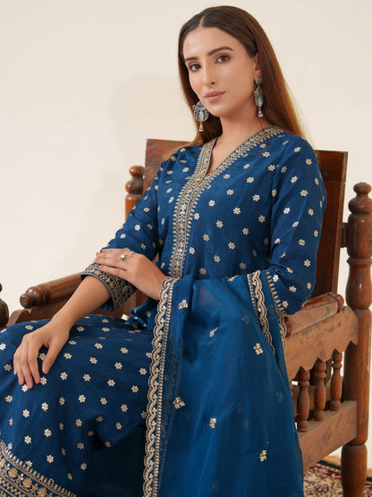 Glass Silk Blue Color Ethnic Motifs Embroidered Kurta With Trousers & Dupatta - Buy Best Ethnic Wear for Women & Girls | Daily Woman - 
