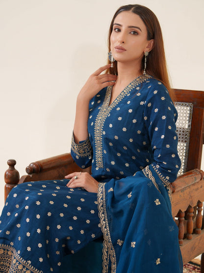 Glass Silk Blue Color Ethnic Motifs Embroidered Kurta With Trousers & Dupatta - Buy Best Ethnic Wear for Women & Girls | Daily Woman - 