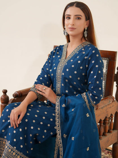 Glass Silk Blue Color Ethnic Motifs Embroidered Kurta With Trousers & Dupatta - Buy Best Ethnic Wear for Women & Girls | Daily Woman - 