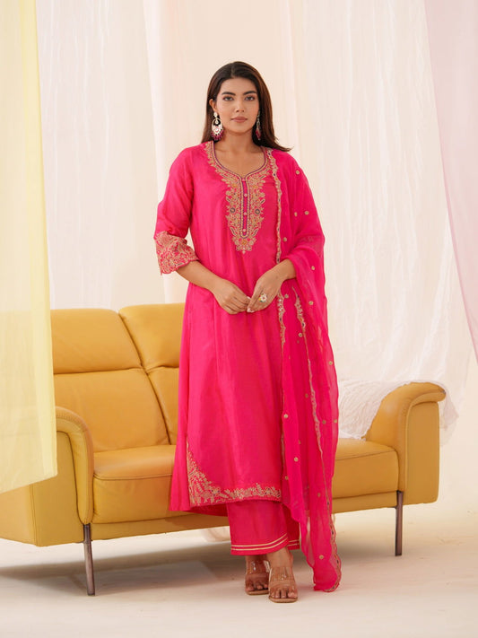 Glass Silk Embroidered Kurta With Trousers & Dupatta - Buy Best Ethnic Wear for Women & Girls | Daily Woman - 