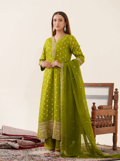 Glass Silk Green Color Woven Design Kurta With Trousers & Dupatta - Buy Best Ethnic Wear for Women & Girls | Daily Woman - 