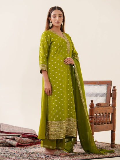 Glass Silk Green Color Woven Design Kurta With Trousers & Dupatta - Buy Best Ethnic Wear for Women & Girls | Daily Woman - 