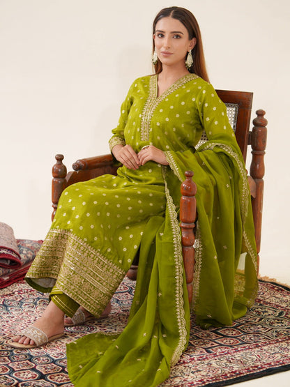 Glass Silk Green Color Woven Design Kurta With Trousers & Dupatta - Buy Best Ethnic Wear for Women & Girls | Daily Woman - 