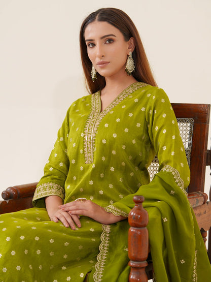 Glass Silk Green Color Woven Design Kurta With Trousers & Dupatta - Buy Best Ethnic Wear for Women & Girls | Daily Woman - 
