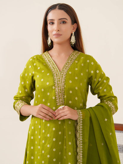 Glass Silk Green Color Woven Design Kurta With Trousers & Dupatta - Buy Best Ethnic Wear for Women & Girls | Daily Woman - 