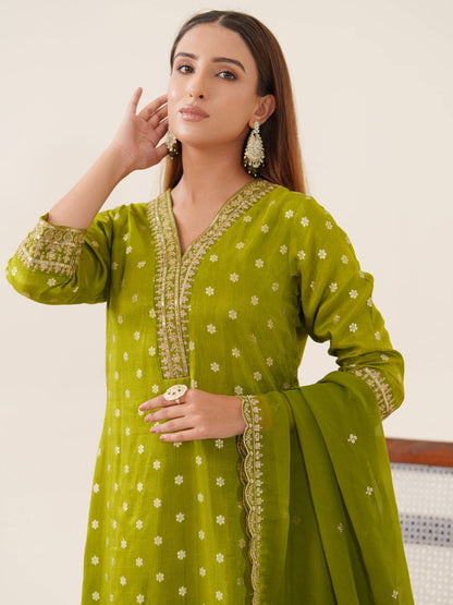 Glass Silk Green Color Woven Design Kurta With Trousers & Dupatta - Buy Best Ethnic Wear for Women & Girls | Daily Woman - 