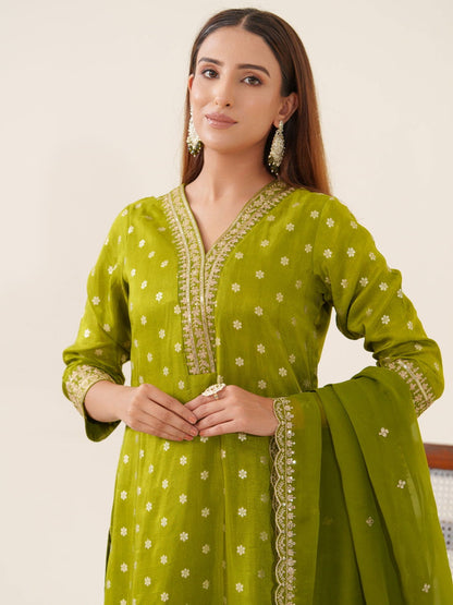 Glass Silk Green Color Woven Design Kurta With Trousers & Dupatta - Buy Best Ethnic Wear for Women & Girls | Daily Woman - 