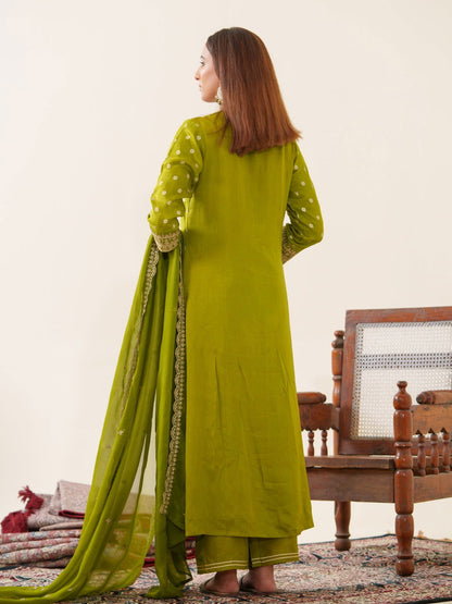 Glass Silk Green Color Woven Design Kurta With Trousers & Dupatta - Buy Best Ethnic Wear for Women & Girls | Daily Woman - 