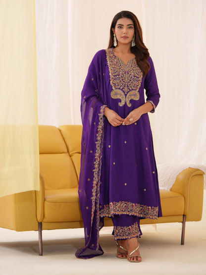 Glass Silk Purple Color Embroidered Kurta With Trousers & Dupatta - Buy Best Ethnic Wear for Women & Girls | Daily Woman - 