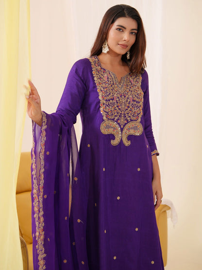 Glass Silk Purple Color Embroidered Kurta With Trousers & Dupatta - Buy Best Ethnic Wear for Women & Girls | Daily Woman - 