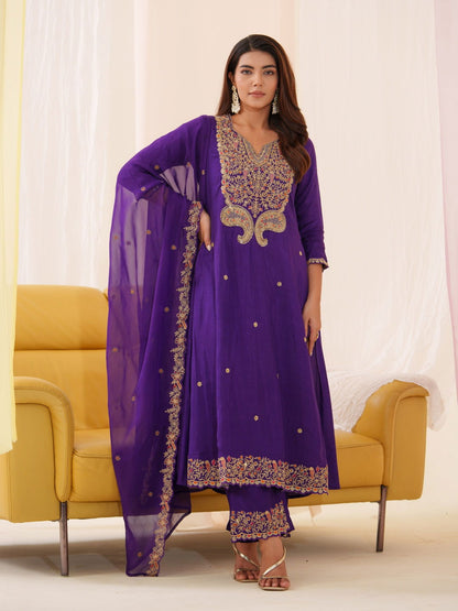 Glass Silk Purple Color Embroidered Kurta With Trousers & Dupatta - Buy Best Ethnic Wear for Women & Girls | Daily Woman - 
