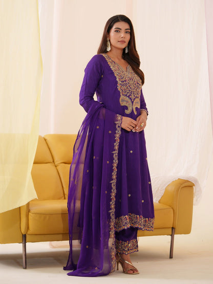 Glass Silk Purple Color Embroidered Kurta With Trousers & Dupatta - Buy Best Ethnic Wear for Women & Girls | Daily Woman - 