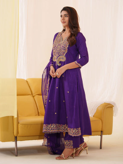 Glass Silk Purple Color Embroidered Kurta With Trousers & Dupatta - Buy Best Ethnic Wear for Women & Girls | Daily Woman - 