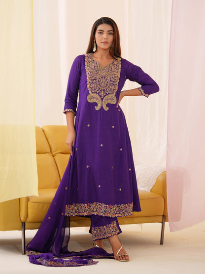Glass Silk Purple Color Embroidered Kurta With Trousers & Dupatta - Buy Best Ethnic Wear for Women & Girls | Daily Woman - 