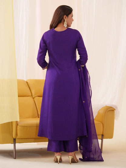 Glass Silk Purple Color Embroidered Kurta With Trousers & Dupatta - Buy Best Ethnic Wear for Women & Girls | Daily Woman - 