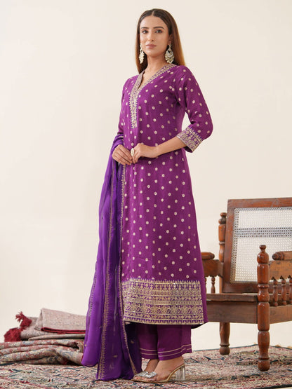 Glass Silk Purple Color Woven Design Kurta With Trousers & Dupatta - Buy Best Ethnic Wear for Women & Girls | Daily Woman - 