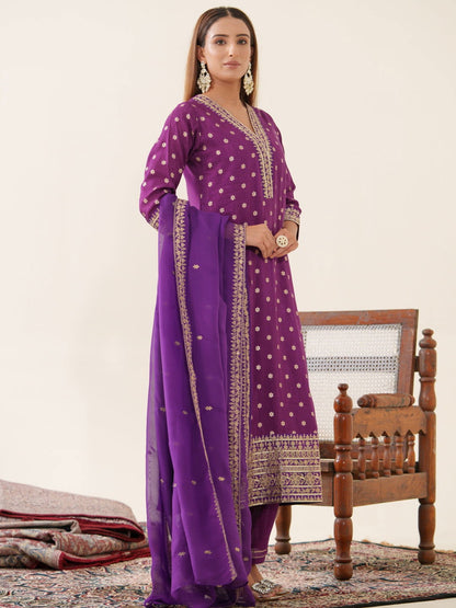 Glass Silk Purple Color Woven Design Kurta With Trousers & Dupatta - Buy Best Ethnic Wear for Women & Girls | Daily Woman - 