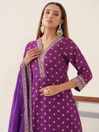 Glass Silk Purple Color Woven Design Kurta With Trousers & Dupatta - Buy Best Ethnic Wear for Women & Girls | Daily Woman - 