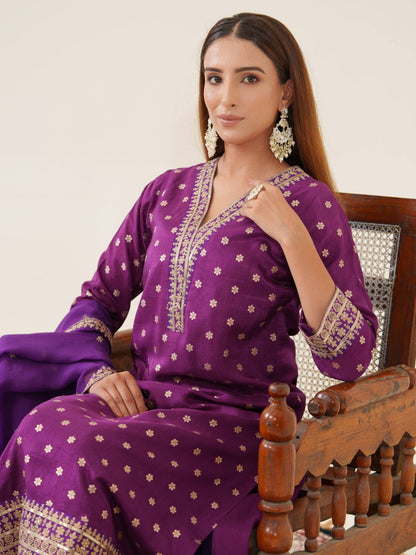 Glass Silk Purple Color Woven Design Kurta With Trousers & Dupatta - Buy Best Ethnic Wear for Women & Girls | Daily Woman - 