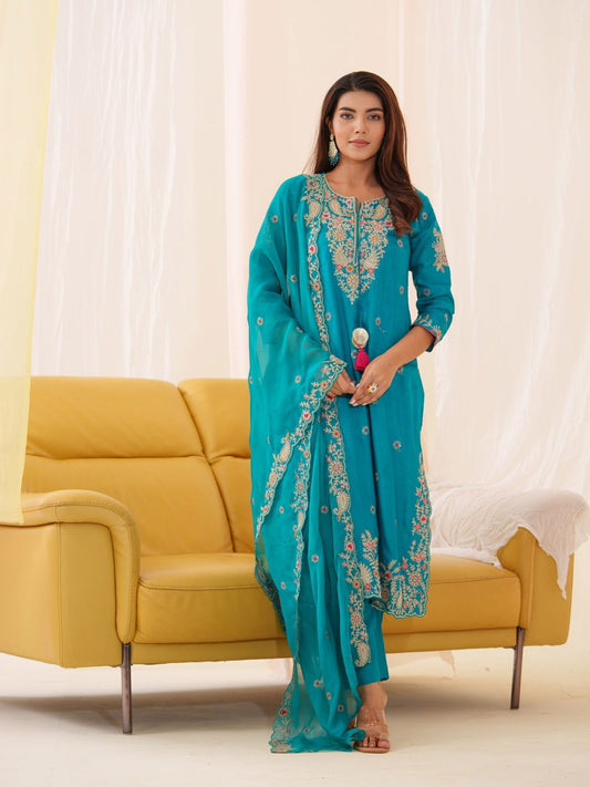 Glass Silk Rama Color Embroidered Straight Kurta Set - Buy Best Ethnic Wear for Women & Girls | Daily Woman - 