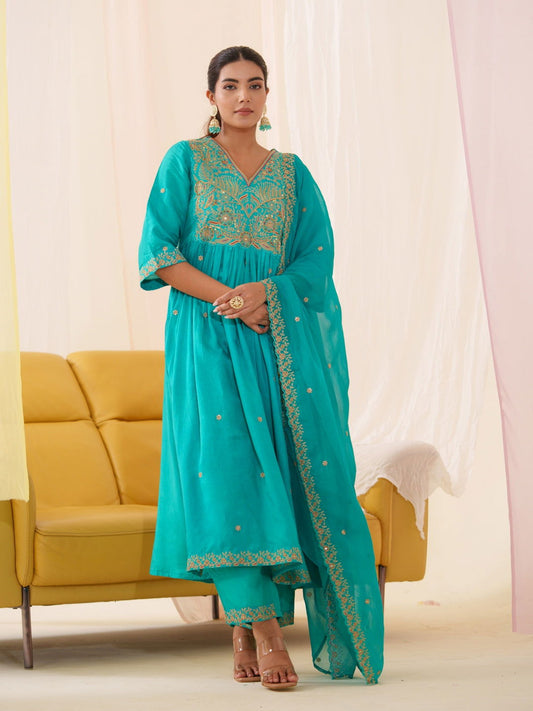Glass Silk Rama Color Ethnic Motifs Embroidered Kurta With Trousers & Dupatta - Buy Best Ethnic Wear for Women & Girls | Daily Woman - 