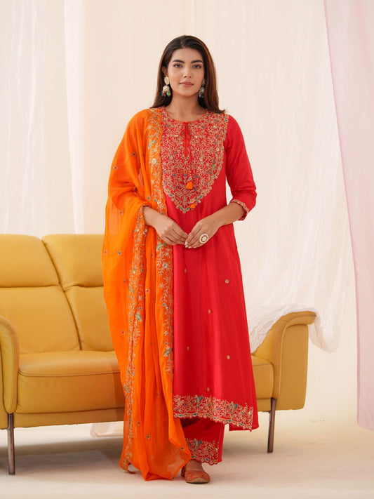 Glass Silk Red Color Ethnic Motifs Embroidered Kurta With Trousers & Dupatta - Buy Best Ethnic Wear for Women & Girls | Daily Woman - 