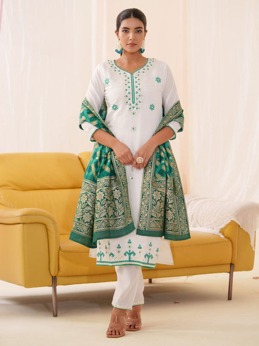 Green Color Roman Silk Embroidered Kurta With Trousers & Dupatta - Buy Best Ethnic Wear for Women & Girls | Daily Woman - 