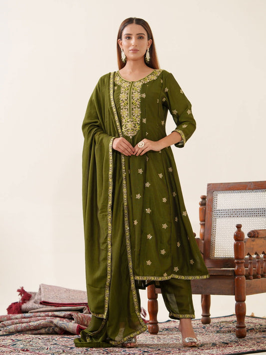 Green Color Vichitra Ethnic Motifs Woven Design Regular Kurta with Trousers & Dupatta - Buy Best Ethnic Wear for Women & Girls | Daily Woman - 