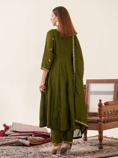 Green Color Vichitra Ethnic Motifs Woven Design Regular Kurta with Trousers & Dupatta - Buy Best Ethnic Wear for Women & Girls | Daily Woman - 