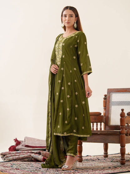 Green Color Vichitra Ethnic Motifs Woven Design Regular Kurta with Trousers & Dupatta - Buy Best Ethnic Wear for Women & Girls | Daily Woman - 