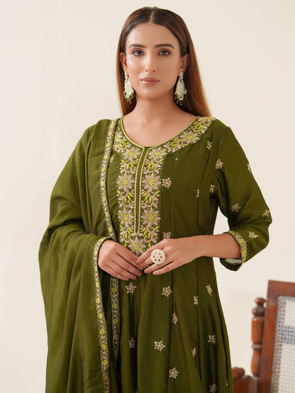 Green Color Vichitra Ethnic Motifs Woven Design Regular Kurta with Trousers & Dupatta - Buy Best Ethnic Wear for Women & Girls | Daily Woman - 