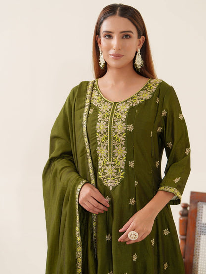 Green Color Vichitra Ethnic Motifs Woven Design Regular Kurta with Trousers & Dupatta - Buy Best Ethnic Wear for Women & Girls | Daily Woman - 