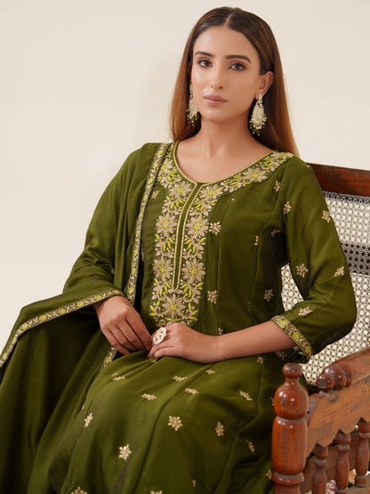 Green Color Vichitra Ethnic Motifs Woven Design Regular Kurta with Trousers & Dupatta - Buy Best Ethnic Wear for Women & Girls | Daily Woman - 