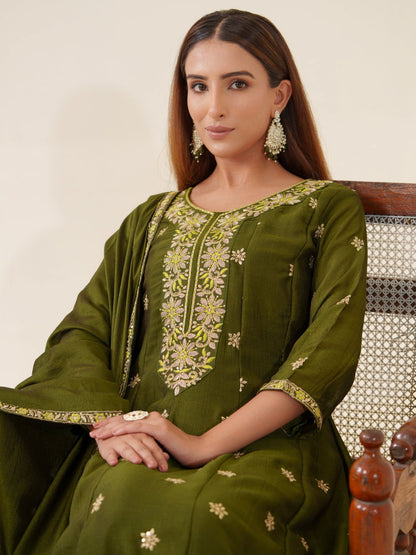 Green Color Vichitra Ethnic Motifs Woven Design Regular Kurta with Trousers & Dupatta - Buy Best Ethnic Wear for Women & Girls | Daily Woman - 