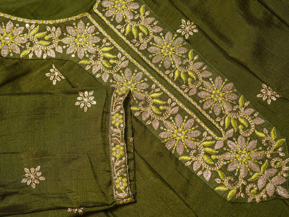 Green Color Vichitra Ethnic Motifs Woven Design Regular Kurta with Trousers & Dupatta - Buy Best Ethnic Wear for Women & Girls | Daily Woman - 