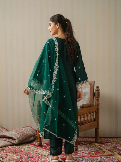 Green Embroidered Woven Design Straight Kurta and Trousers With Dupatta - Buy Best Ethnic Wear for Women & Girls | Daily Woman - 