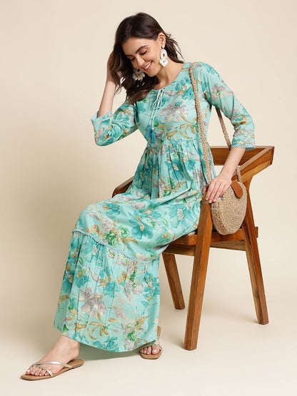 Green Floral Print Fit & Flare Midi Dress - Buy Best Ethnic Wear for Women & Girls | Daily Woman - 