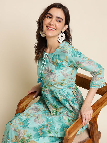 Green Floral Print Fit & Flare Midi Dress - Buy Best Ethnic Wear for Women & Girls | Daily Woman - 