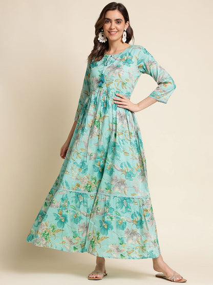 Green Floral Print Fit & Flare Midi Dress - Buy Best Ethnic Wear for Women & Girls | Daily Woman - 