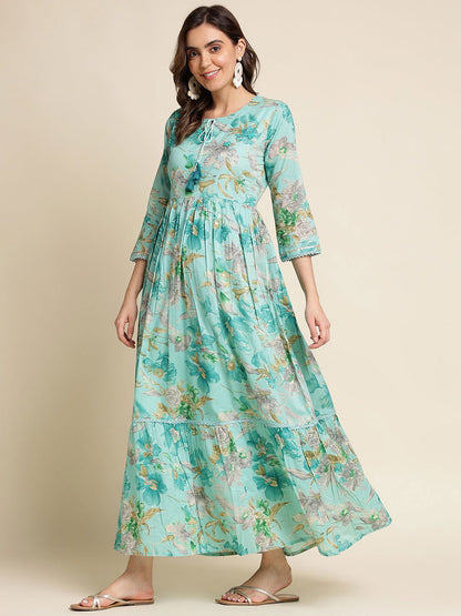 Green Floral Print Fit & Flare Midi Dress - Buy Best Ethnic Wear for Women & Girls | Daily Woman - 